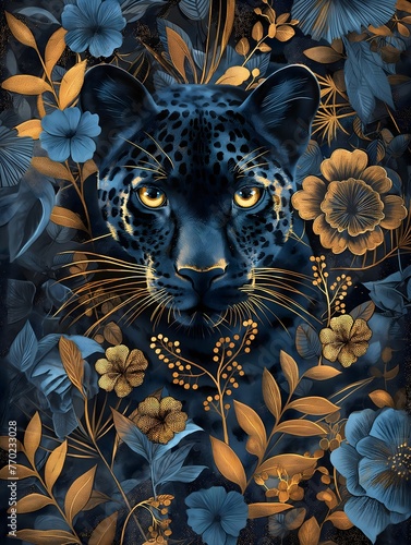 A panther surrounded by blue flowers and golden plants abstract art  blue and gold  wild life  perfect for greeting card or poster