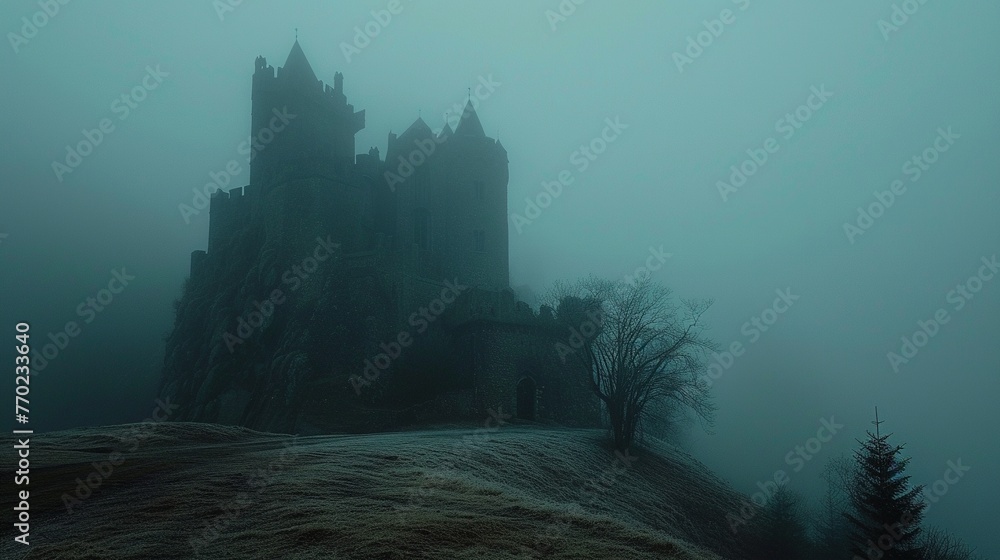 The old castle in the fog. Tranquil, mystical and mysterious atmosphere. Beauty landscape. Generative AI - obrazy, fototapety, plakaty 