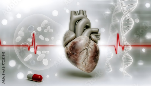 human heart connected to an EKG line, with a backdrop including a DNA double helix and a blood cell, symbolizing health and medicine. 3d illustration.