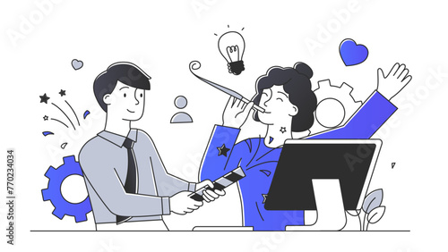 Happy business team simple. Man and woman at workplace. Collaboration and cooperation. Colleagues and workers in office. Doodle flat vector illustration isolated on white background © Rudzhan