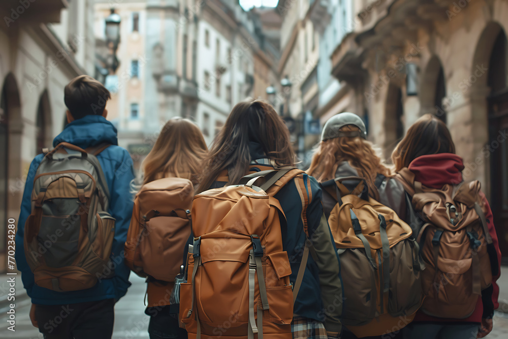 group of young traveler friends travel through europe architecture