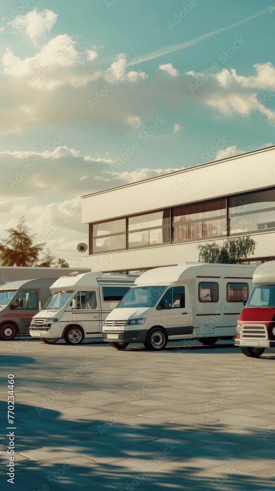 A collection of camper vans and RVs outside a car rental office, promising road trip adventures , 3D illustration