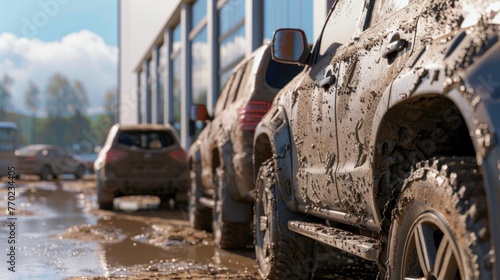 Offroad vehicles covered in mud parked outside a car rental office, evidence of recent adventures , 3D illustration