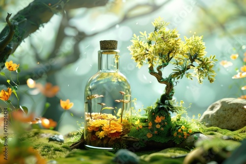 A bottle containing a tiny, enchanted forest ecosystem, complete with a living tree and wandering fae , 3D illustration