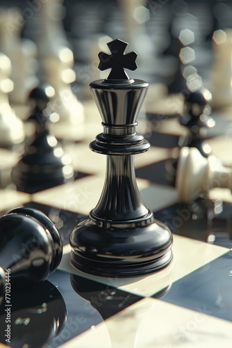 A chessboard in midgame, with a king toppling over, symbolizing strategic missteps leading to defeat , 3D illustration photo