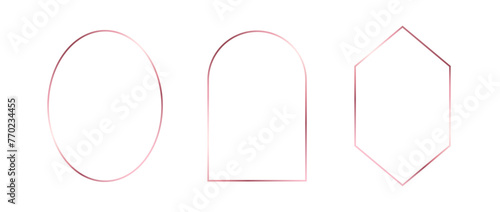 Rose gold thin frames set. Pink gold geometric borders in art deco style. Thin linear diamond, ellipse, arch collection. Foil glowing shiny boarder element pack. Vector bundle for photo, cadre, decor