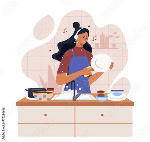 Happy housewife concept. Woman wash dishes indoors. Household chores and routine at kitchen. Cleanliness and hygiene. Cartoon flat vector illustration isolated on white background