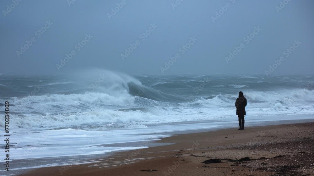 A lone figure standing on a windy beach watching the waves crash against the shore and reflecting on the vastness of the ocean and . . A lone figure standing on a windy beach watching the waves crash against the shore and reflecting on the vastness of the ocean and . .