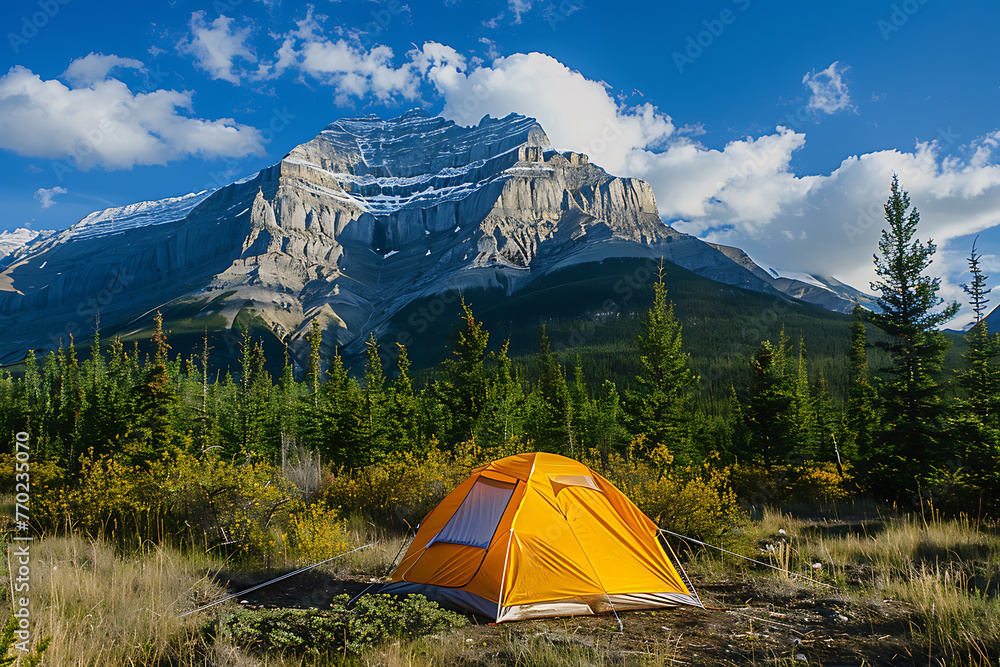 camping tent with beautiful scenery landscape in the background, healthy active summer outdoor lifestyle no people