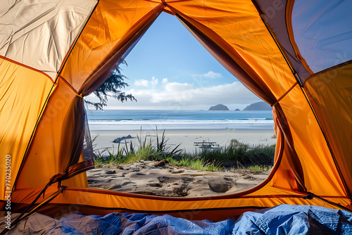 camping tent with beautiful scenery landscape in the background, healthy active summer outdoor lifestyle no people