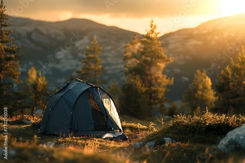 camping tent with beautiful scenery landscape in the background, healthy active summer outdoor lifestyle no people photo