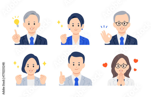 ポジティブな経営者･管理職の男女上半身セット【人物ベクターイラスト素材】