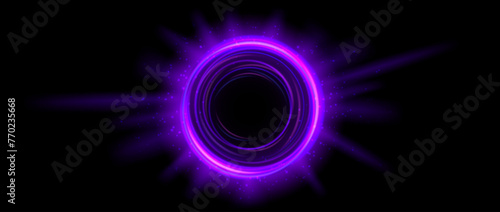 Purple glowing portal concept. Neon hologram teleport gate on black background. Violet circle digital aura with beams and sparks. Round hot flare template for game, ui, interface. Vector illustration