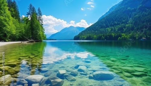 Mountains clear water scene with trees, The lake with clear water and the mountains