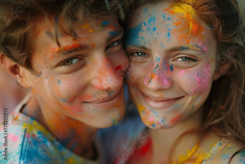 smiling young woman and man on traditional indian holi festival, happy celebration outdoor summer event lifestyle