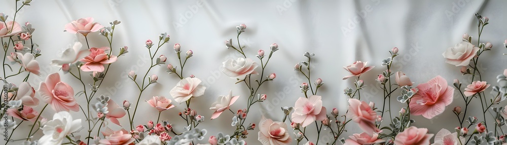 An array of soft pink blossoms extends across a shimmering white surface, creating a vision of pure beauty and delicate grace. - obrazy, fototapety, plakaty 