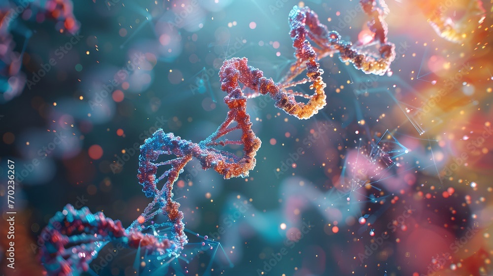 Digital art of a DNA double helix structure dynamically presented with glowing nodes and connections in a microcosmic setting. Digital art of a DNA double helix structure dynamically presented with glowing nodes and connections in a microcosmic setting.