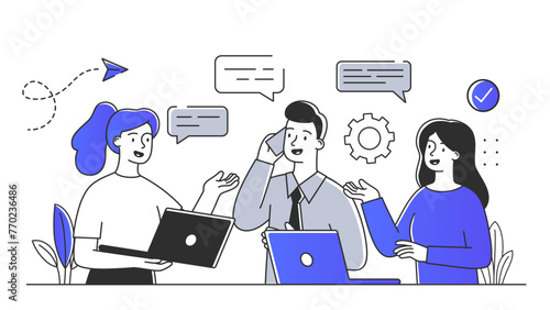 Group of people working simple. Man and women with laptops. Entrepreneurs, workers and businesspeople at workplace in office. Doodle flat vector illustration isolated on white background