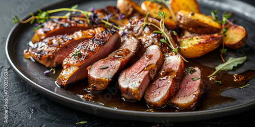 a plate of perfectly grilled meat, sliced and served with roasted potatoes and herbs, generative AI