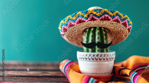 A cactus wearing a sombrero and mustache. The cactus is in a white pot and is placed on a table