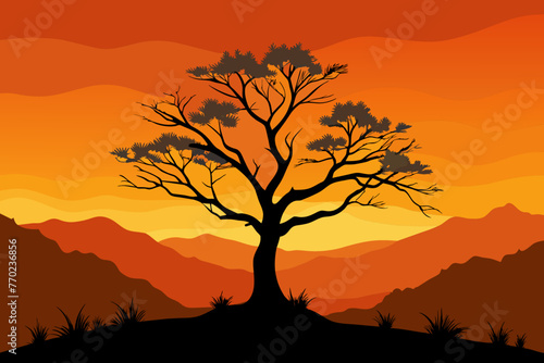 lone tree against an orange sky vector illustration © CreativeDesigns