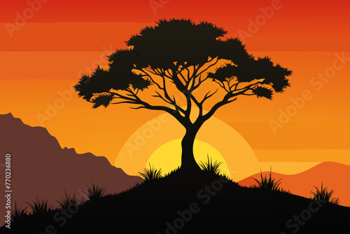 lone tree against an orange sky vector illustration