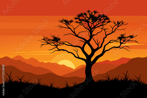 lone tree against an orange sky vector illustration