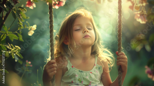A young girl sitting on a swing her eyes closed in deep thought as she imagines fantastical worlds in her mind. . .
