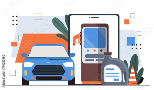 Gas station concept. Automobile near tank with gasoline. Auto and transport with fuel for engine. Car and vehicle charging. Cartoon flat vector illustration isolated on white background