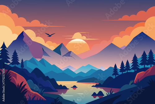Fototapeta Naklejka Na Ścianę i Meble -   sunrise cloud glossy style colourful mountains silhouette vector illustration