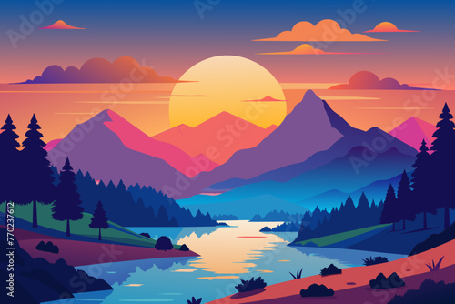  sunrise cloud glossy style colourful mountains silhouette vector illustration © CreativeDesigns