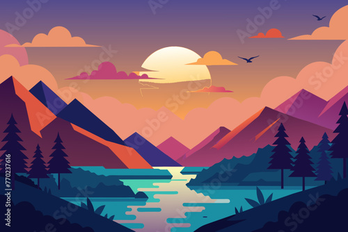  sunrise cloud glossy style colourful mountains silhouette vector illustration