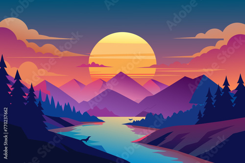 sunrise- cloud glossy style colourful mountains vector illustration