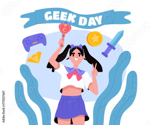 Geek day poster. Woman in anime costume wth gamepad and sword, diamond and golden coin. Entertainment and leisure. International holiday and festival. Cartoon flat vector illustration