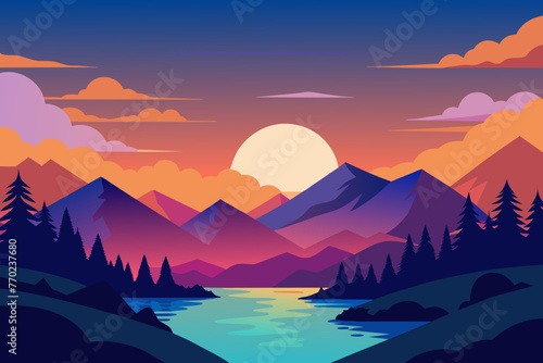 sunrise- cloud glossy style colourful mountains vector illustration © CreativeDesigns