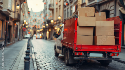 A red truck is parked on a city street with a large number of boxes stacked on truck. photo
