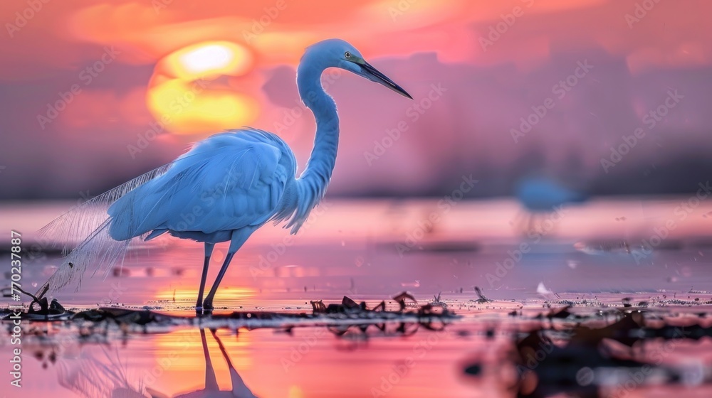 Fototapeta premium A white bird stands in the water, looking out at the sunset. The scene is serene and peaceful, with the bird being the focal point of the image