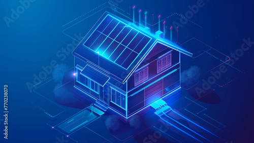 Isometric smart home with solar panels.
