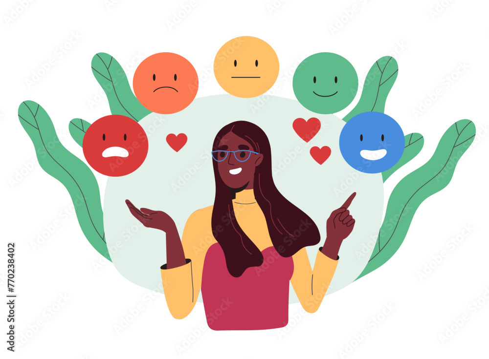 Woman chooses emotion concept. Young girl with different emojies and mood. Anger, neutral and happiness. Feelings and emotions. Cartoon flat vector illustration isolated on white background Woman chooses emotion concept. Young girl with different emojies and mood. Anger, neutral and happiness. Feelings and emotions. Cartoon flat vector illustration isolated on white background