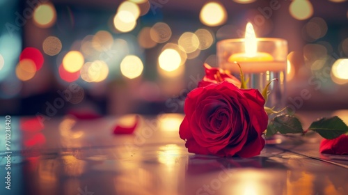 A single red rose placed on top of a table, with a blurred couple in the background at a candlelit dinner date