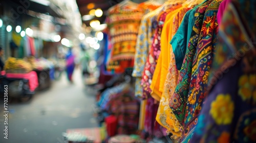 A bustling market with a wide array of colorful clothing items on display, attracting shoppers © tashechka
