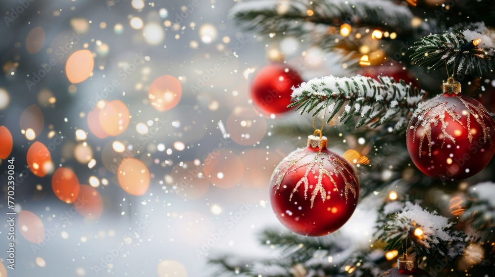Close-up of a Christmas tree decorated with vibrant red ornaments hanging elegantly, adding festive charm to the holiday scene Close-up of a Christmas tree decorated with vibrant red ornaments hanging elegantly, adding festive charm to the holiday scene