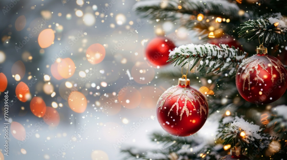 Close-up of a Christmas tree decorated with vibrant red ornaments hanging elegantly, adding festive charm to the holiday scene