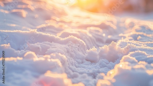 Sun peeking through the clouds in a snowy landscape, casting a warm glow on the icy ground photo