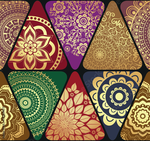 Vector seamless geometric pattern with colorful triangles with golden vintage floral patten on black background