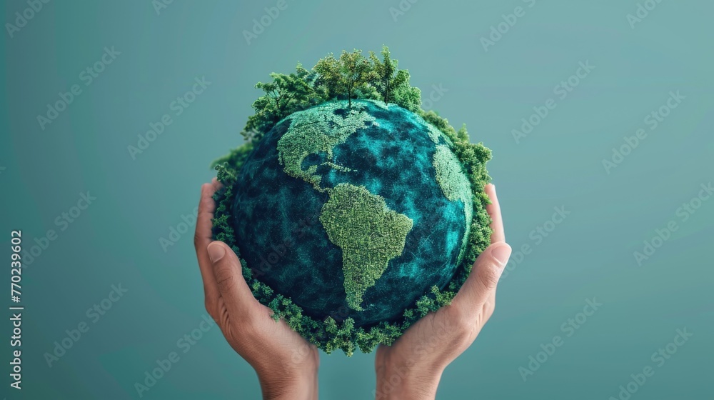 Hands holding a laptop against a backdrop of the globe, highlighting paths to reducing CO2 and achieving Net Zero emissions , 3D illustration Hands holding a laptop against a backdrop of the globe, highlighting paths to reducing CO2 and achieving Net Zero emissions , 3D illustration