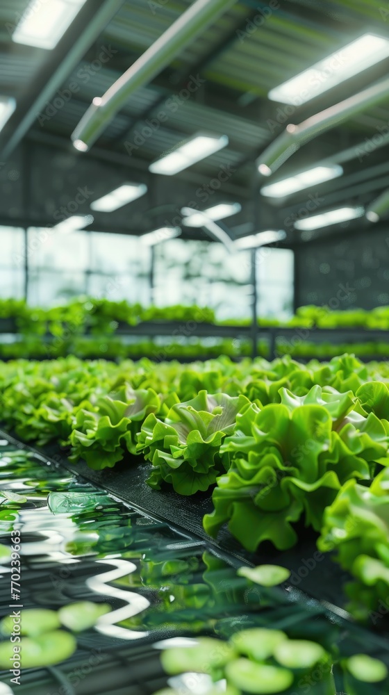 Hydroponic lettuce growing in a green warehouse, with an automated watering system in a technologydriven environment , 3D illustration Hydroponic lettuce growing in a green warehouse, with an automated watering system in a technologydriven environment , 3D illustration
