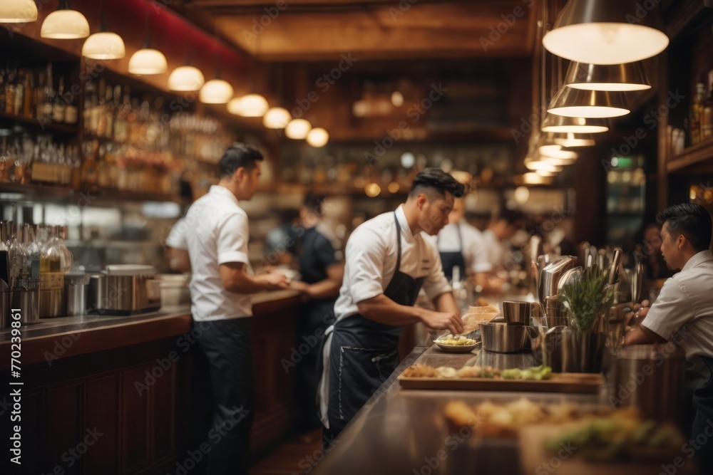 crowded restaurants filled with customers, waiters and bartenders working