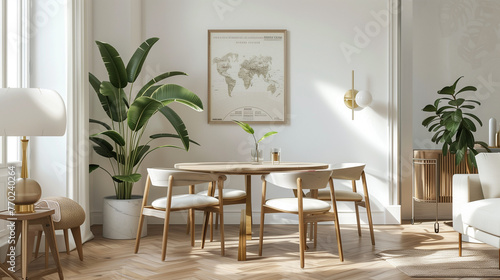 Stylish and eclectic dining room interior with mock up poster map, sharing table design chairs, gold pedant lamp and elegant sofa in second space. White walls, wooden parquet. Tropical leaves in vase photo