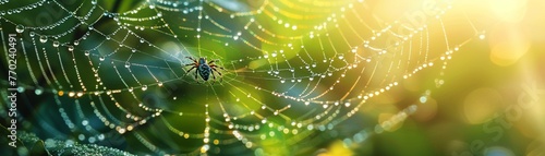Closeup of a spider web with morning dew, photorealistic, vibrant nature colors ,ultra HD,clean sharp focus © Oranuch